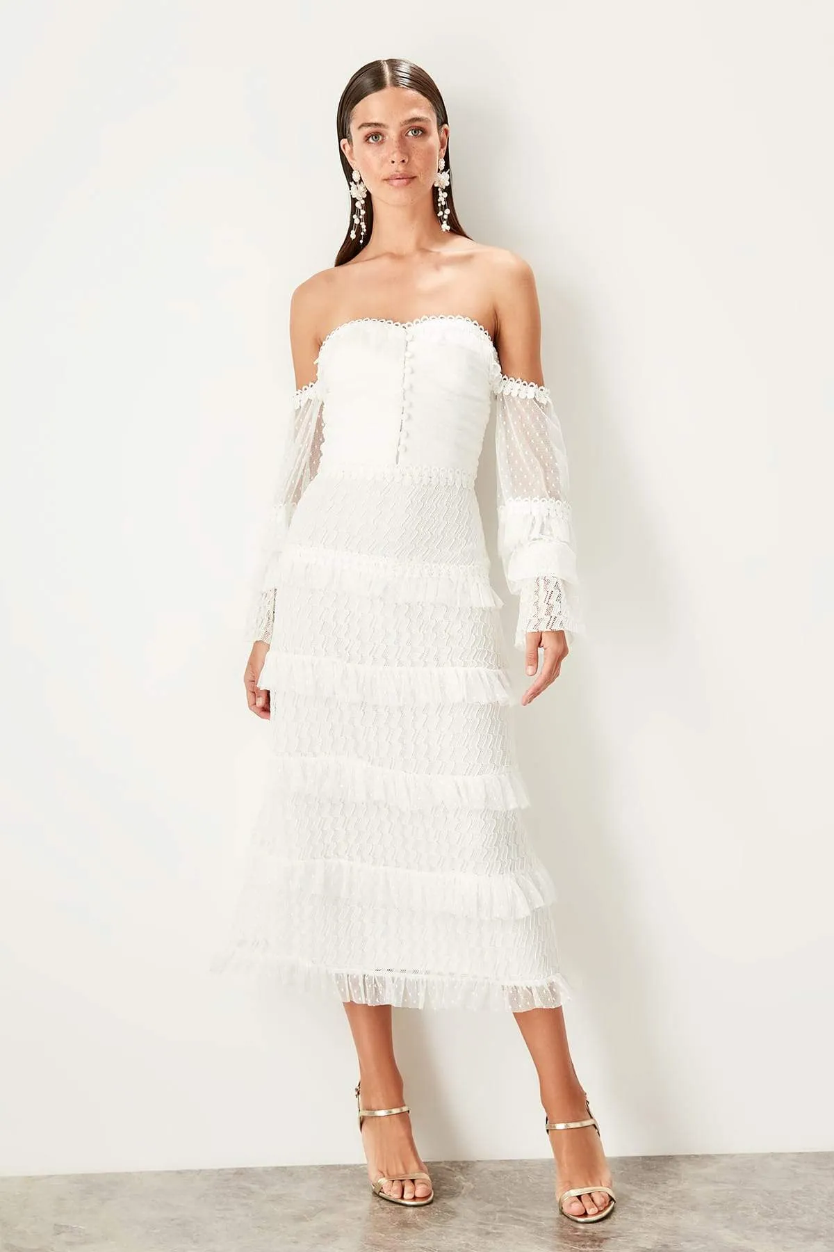 11665 Off-White Detached Sleeve Tulle Dress