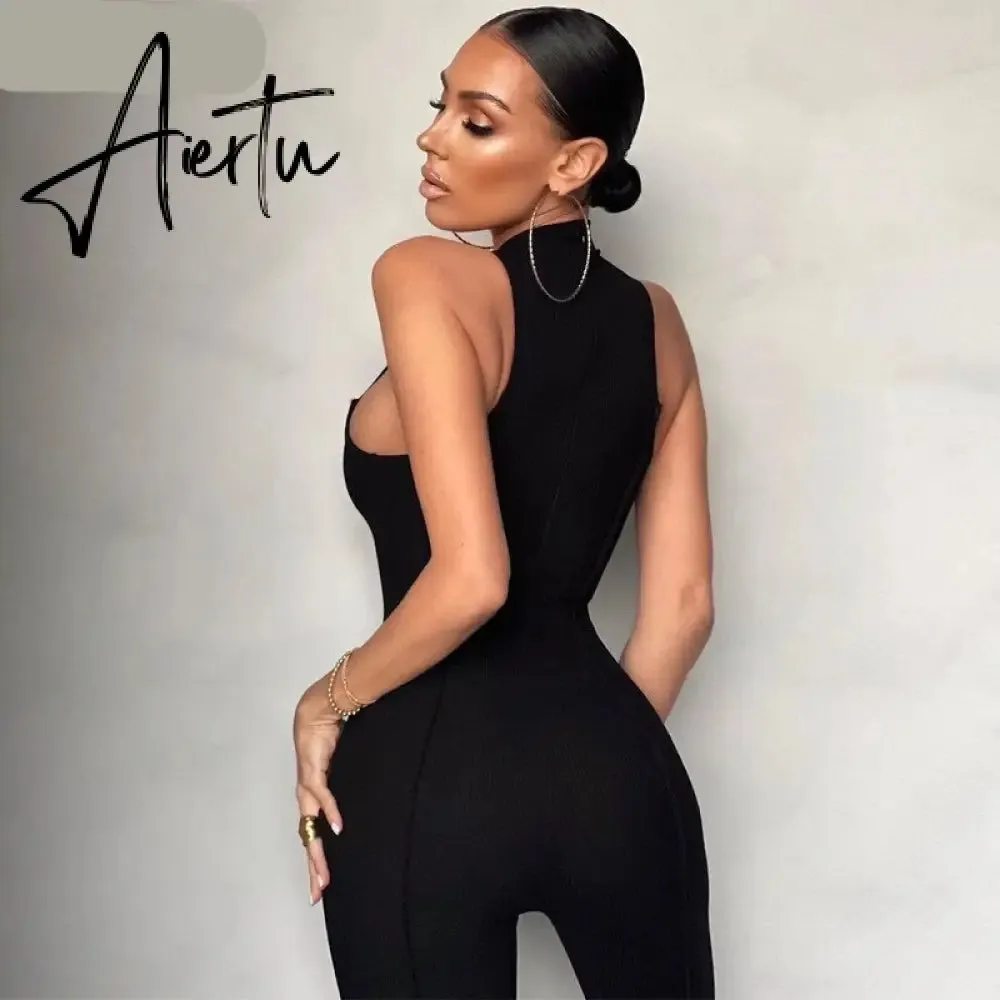 Aiertu Sleeveless O-Neck Solid Zip Up Bodycon Sexy Jumpsuit Summer Women Fashion Streetwear Romper