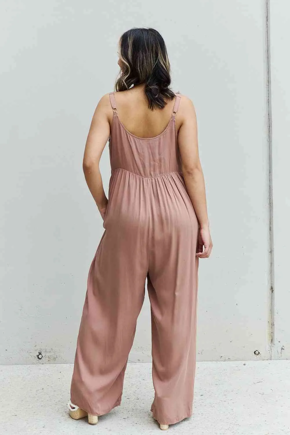 All Day Full Size Wide Leg Button Down Jumpsuit in Mocha