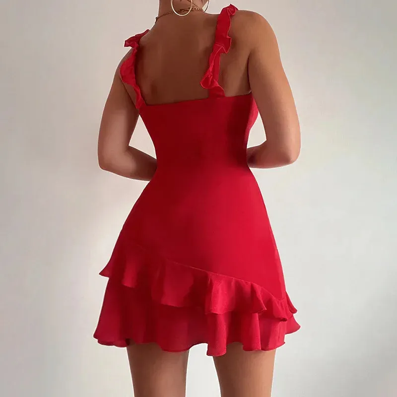 Beach Plunge Mini Ruffled Suspender Frill Sleeveless Sexy Party Dress