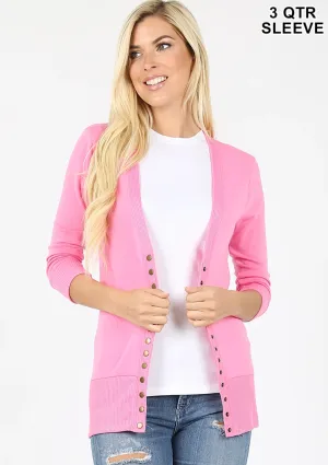 Beautifully Basic 3/4 Sleeve Snap Cardigan - Candy Pink