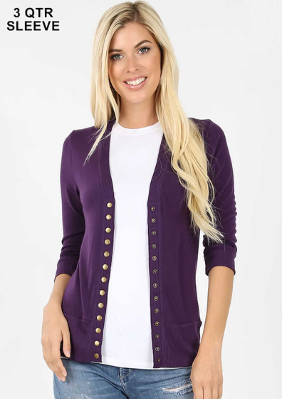 Beautifully Basic 3/4 Sleeve Snap Cardigan - Dk Purple