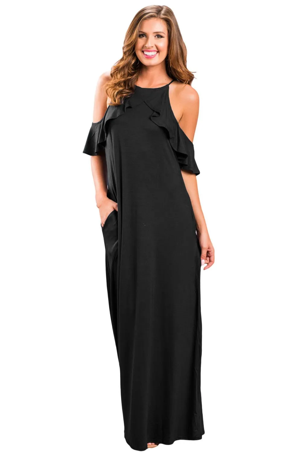 Black Ruffle Sleeve Cold Shoulder Maxi Dress