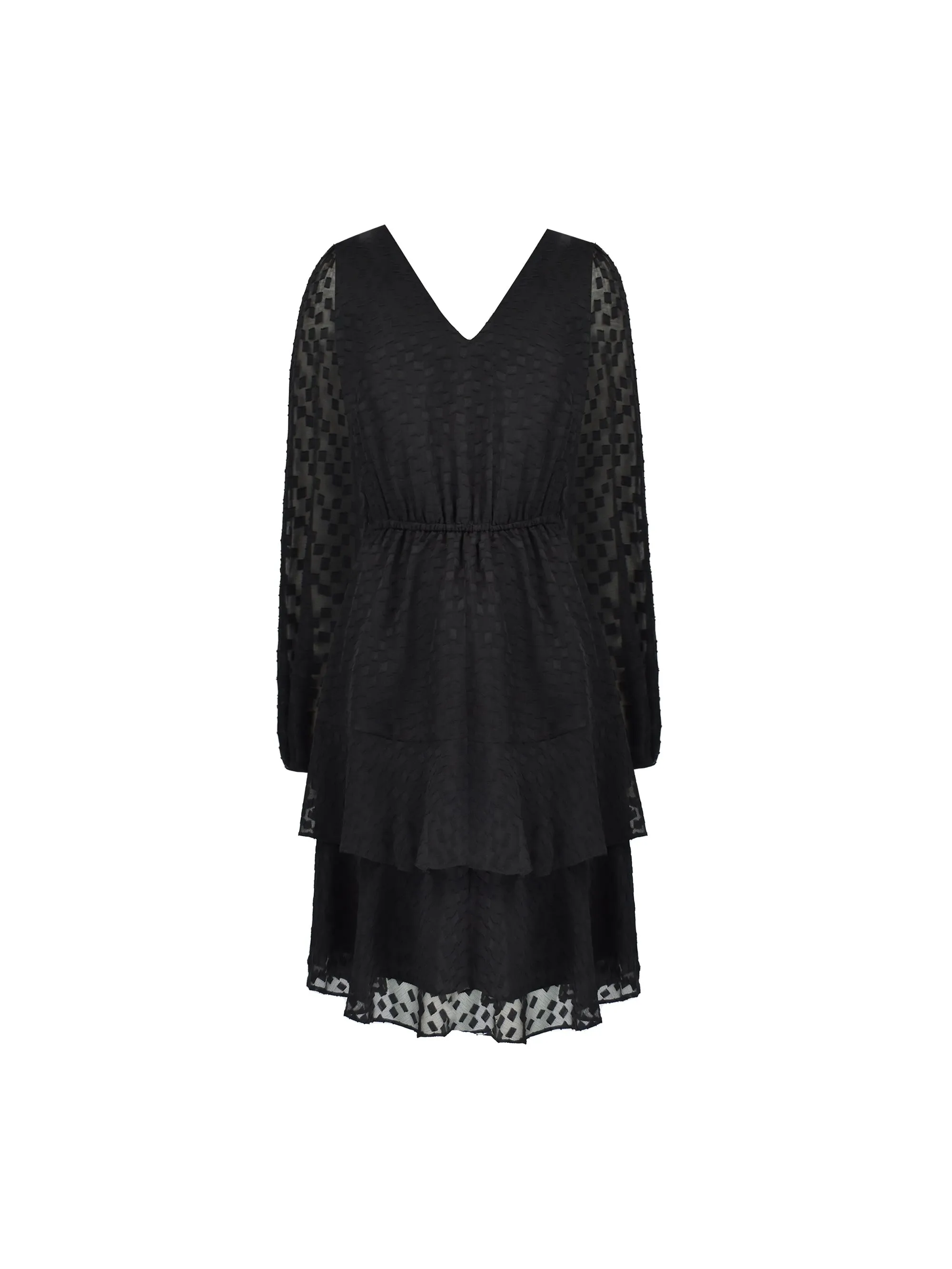 Black Textured Jacquard Tiered Short Dress