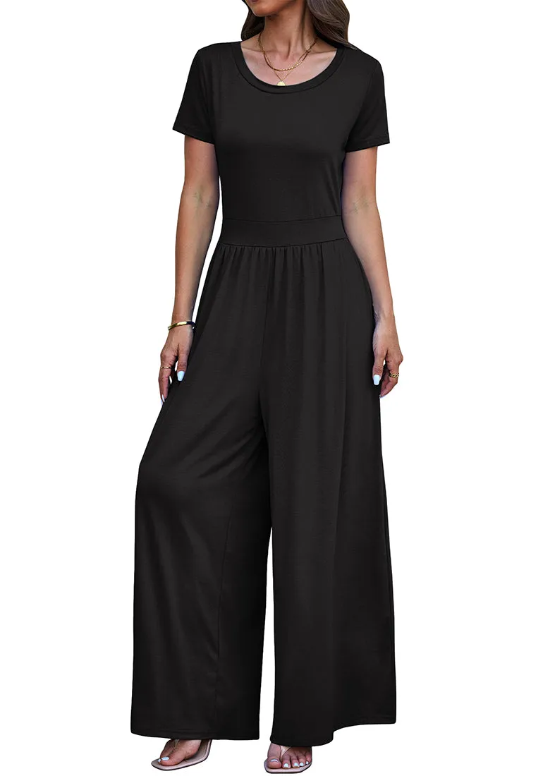 Black Women's Wide Leg Jumpsuits Baggy Loose Short Sleeves Overall