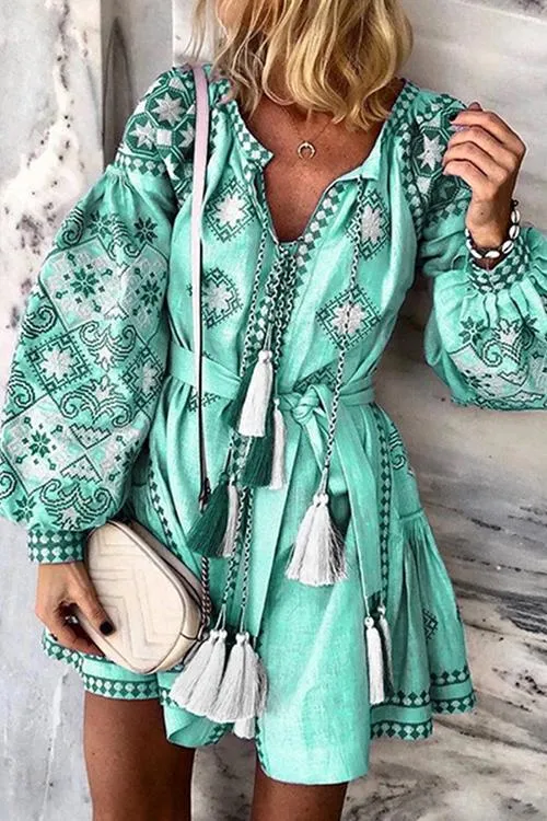 Boho Print Puff Sleeve Tassels Mini Dress