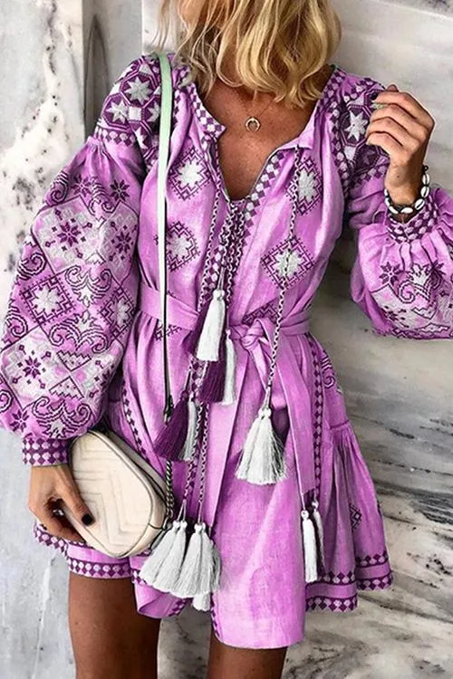 Boho Print Puff Sleeve Tassels Mini Dress