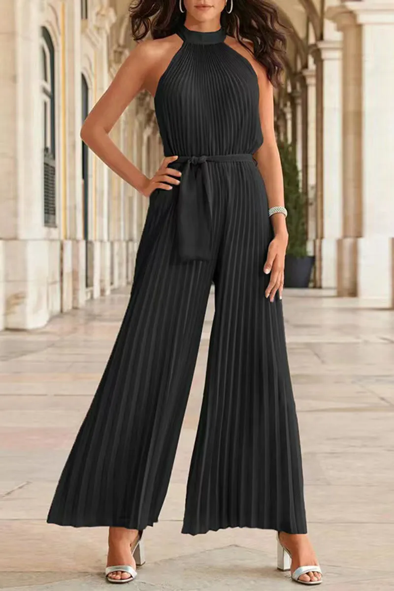 Casual Simplicity Solid Frenulum Fold Halter Loose Jumpsuits