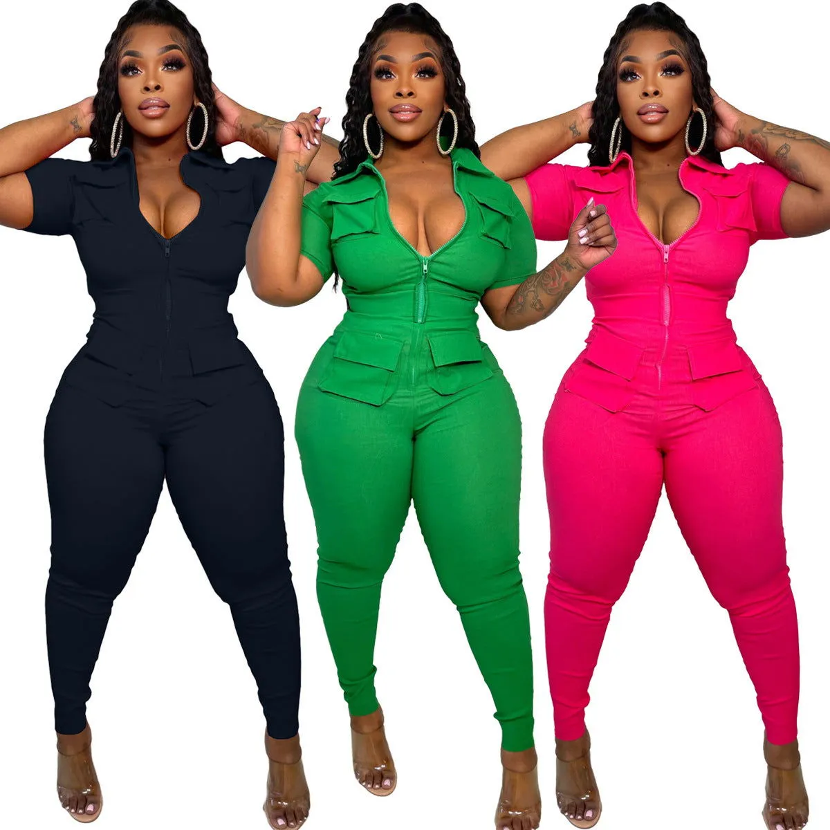 Complimenting-fit Three-dimensional Zipper Pocket Jumpsuits