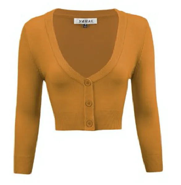 Cropped 3/4 Sleeve V-Neck Cardigan - Assorted Colours