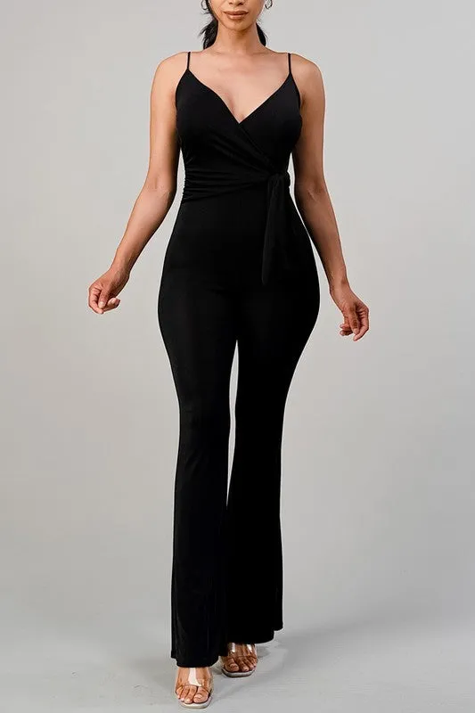 Elise V-Neck Wide Leg Jumpsuit with Tied Waist