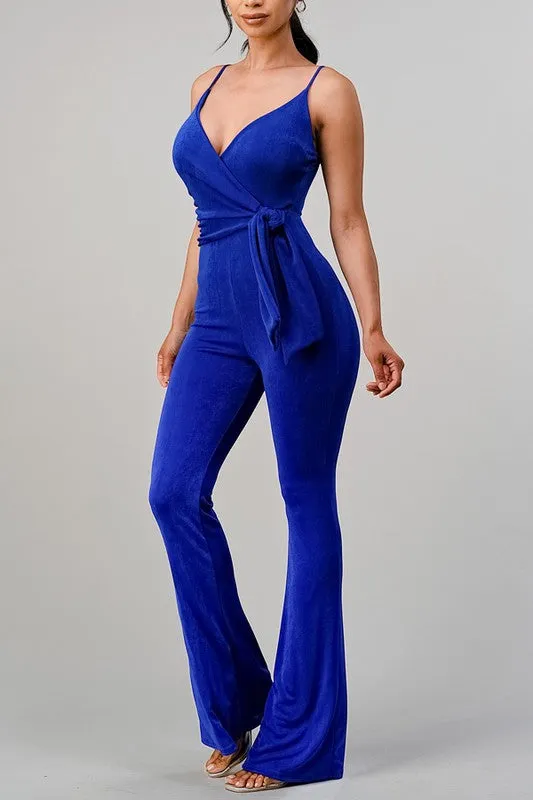 Elise V-Neck Wide Leg Jumpsuit with Tied Waist