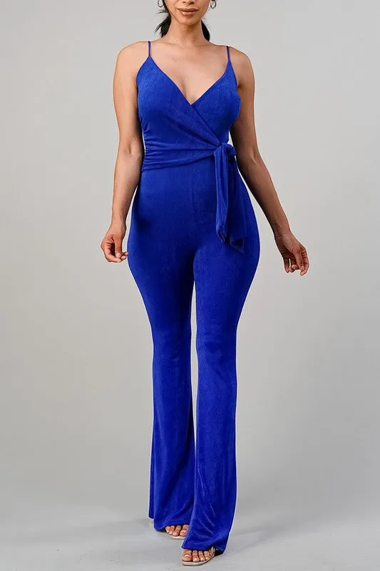 Elise V-Neck Wide Leg Jumpsuit with Tied Waist