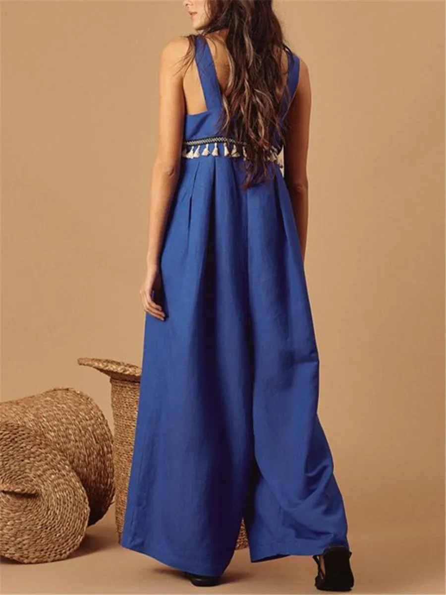 Ethnic Webbing Fringed Stitching Wide Leg Jumpsuits