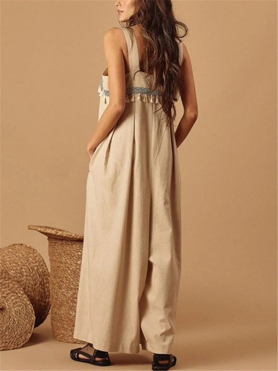 Ethnic Webbing Fringed Stitching Wide Leg Jumpsuits