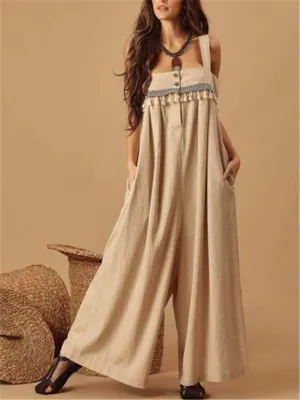 Ethnic Webbing Fringed Stitching Wide Leg Jumpsuits