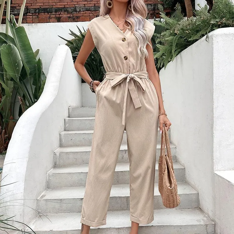 European Style V-neck Jumpsuit for Women, Elegant and Comfortable