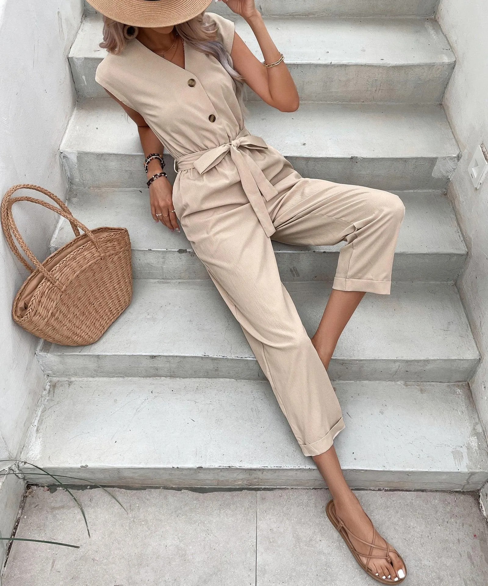 European Style V-neck Jumpsuit for Women, Elegant and Comfortable