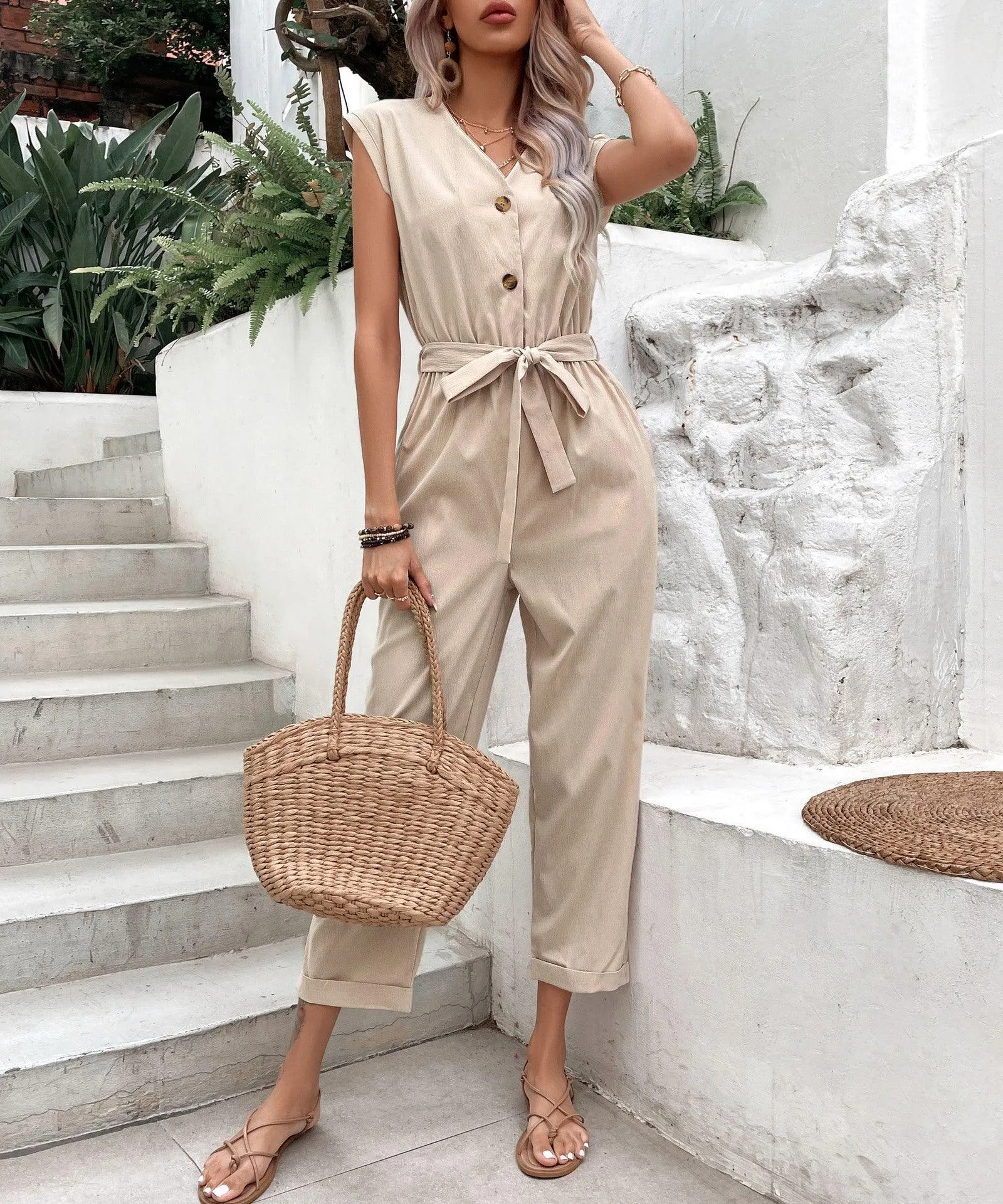 European Style V-neck Jumpsuit for Women, Elegant and Comfortable