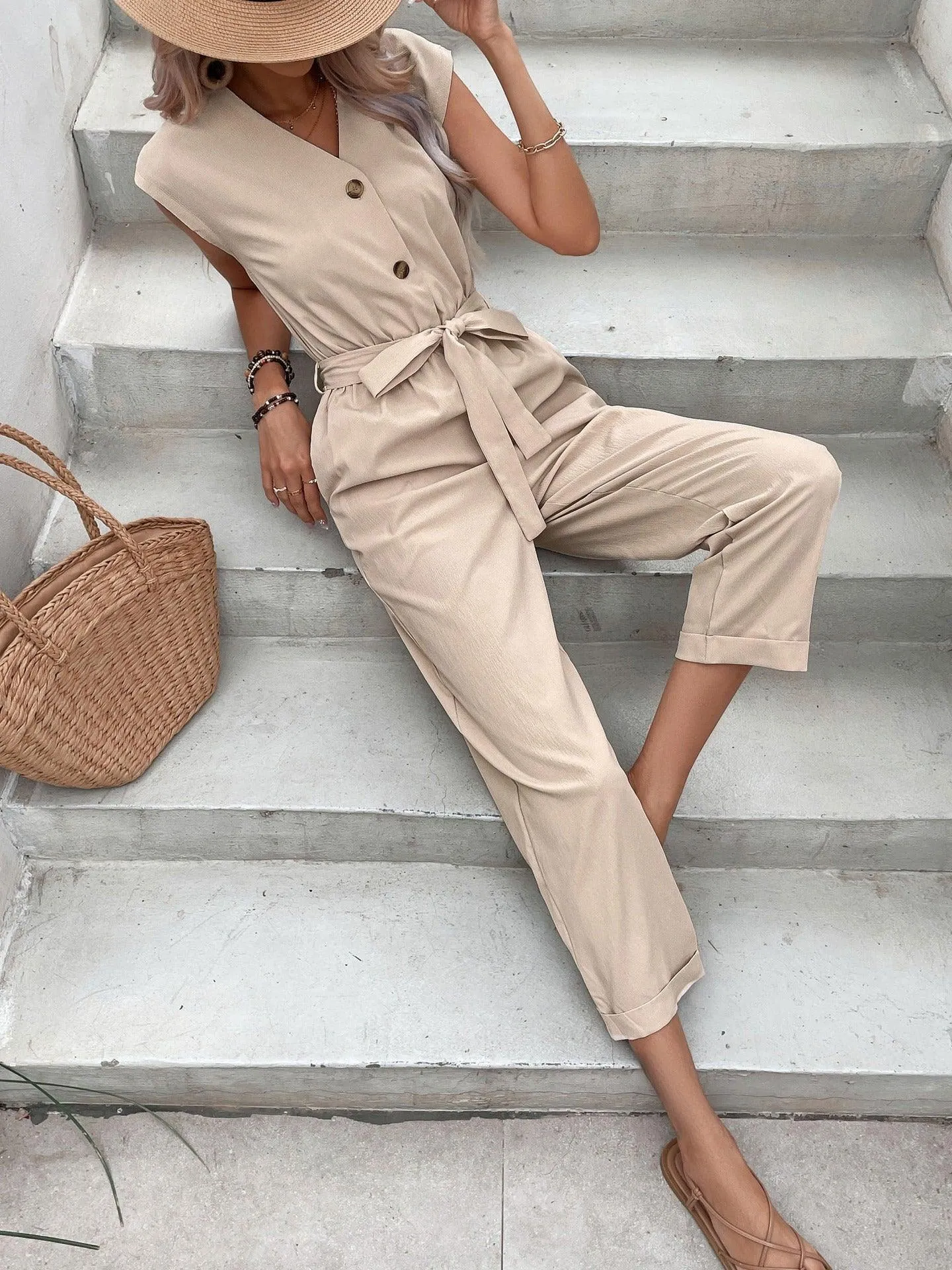 European Style V-neck Jumpsuit for Women, Elegant and Comfortable