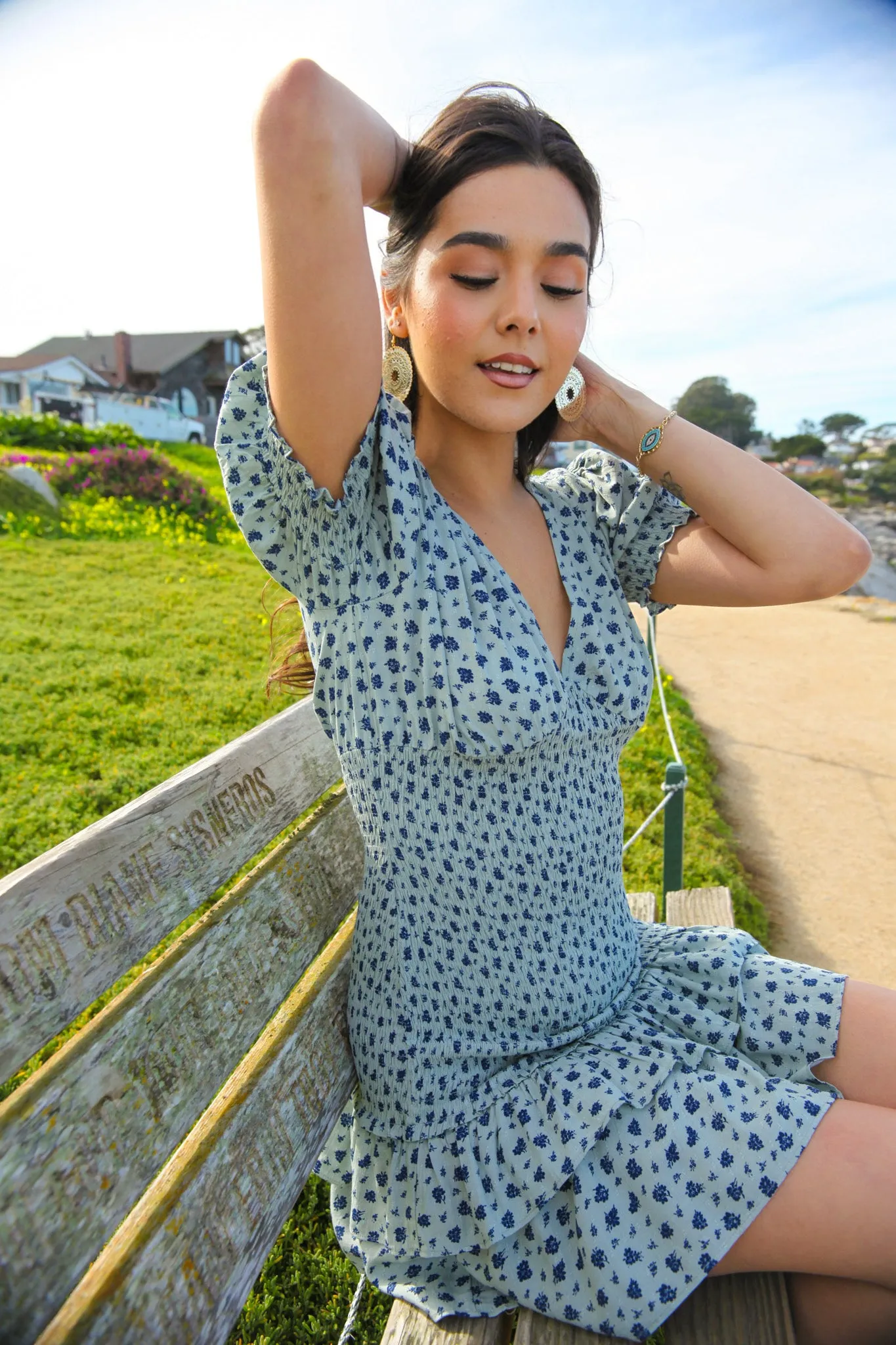 Flowers For You Ruffle Dress -Navy