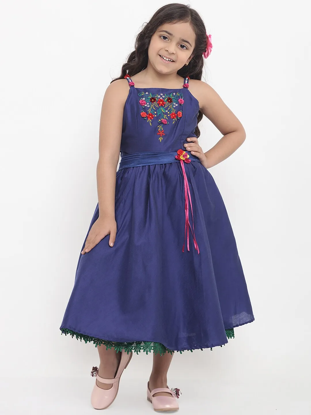 Girl's Blue Embellished Fit And Flare Dress  - NOZ2TOZ KIDS