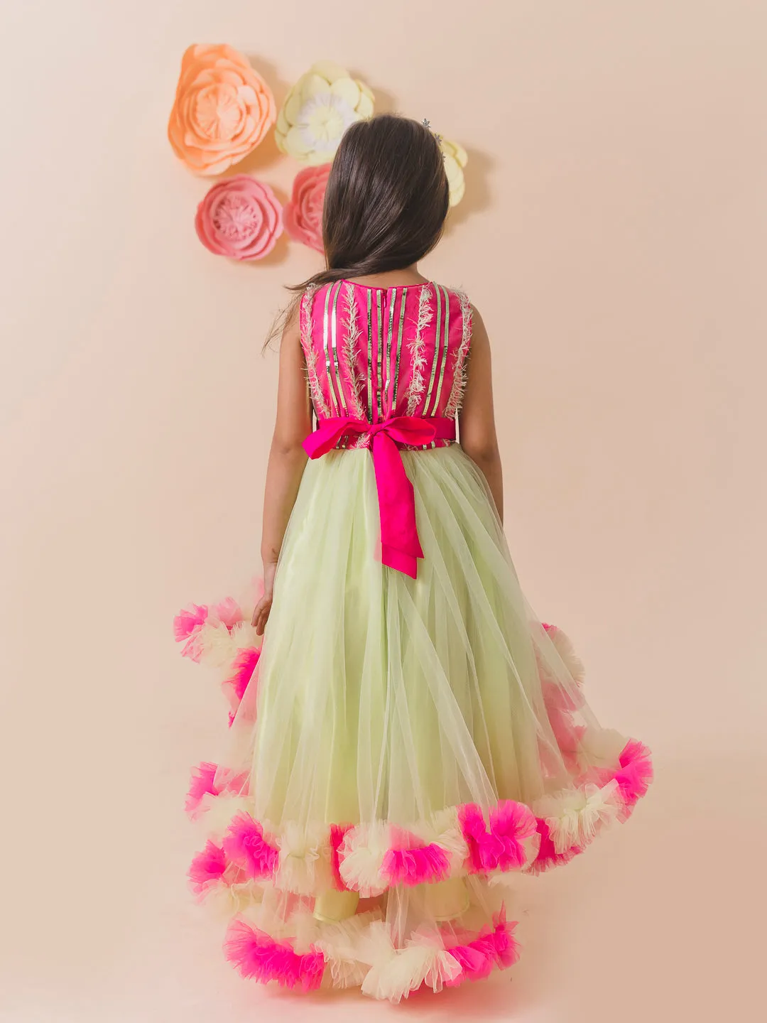 Girls Lime Green Pink Embellished Net Maxi Dress - Ps Peaches