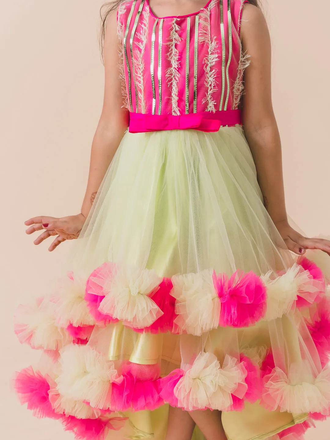 Girls Lime Green Pink Embellished Net Maxi Dress - Ps Peaches