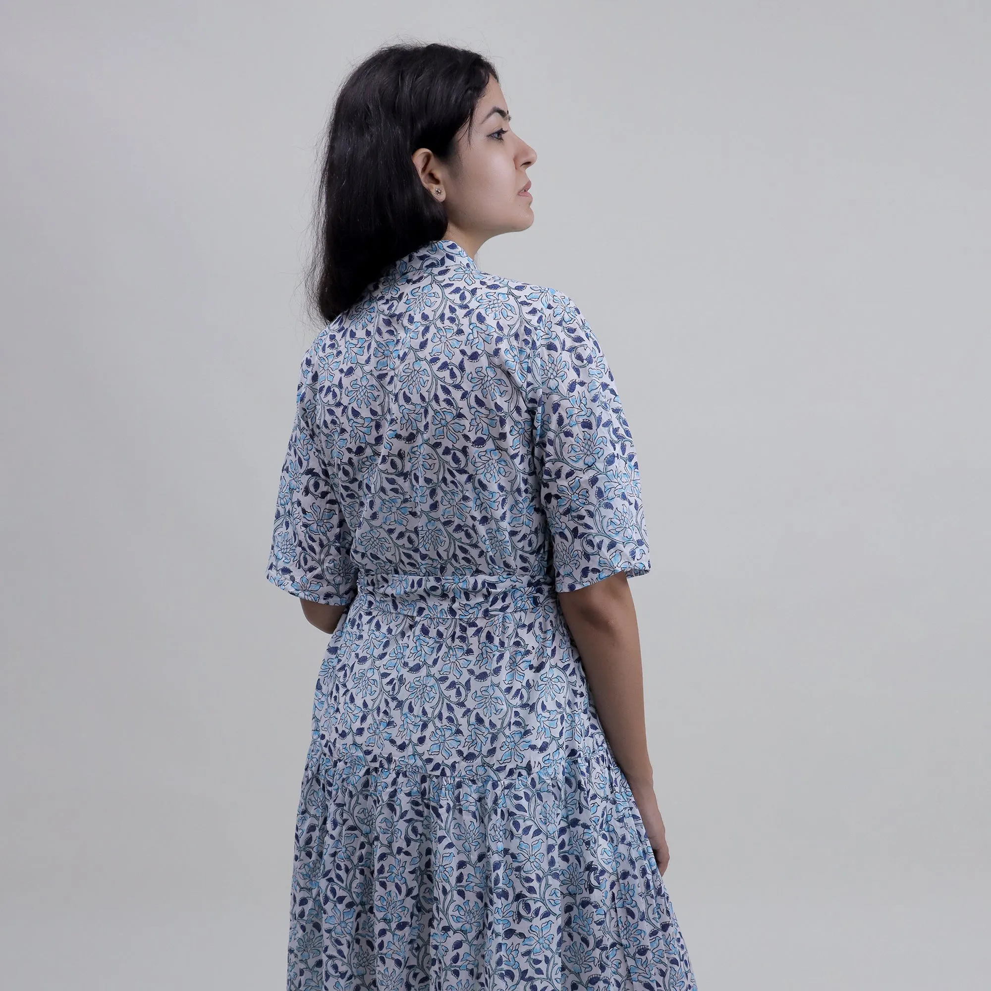 Hand Block Sky Blue Floral Midi Dress