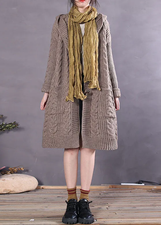 Handmade Khaki Hooded Button Woolen Cardigans Spring