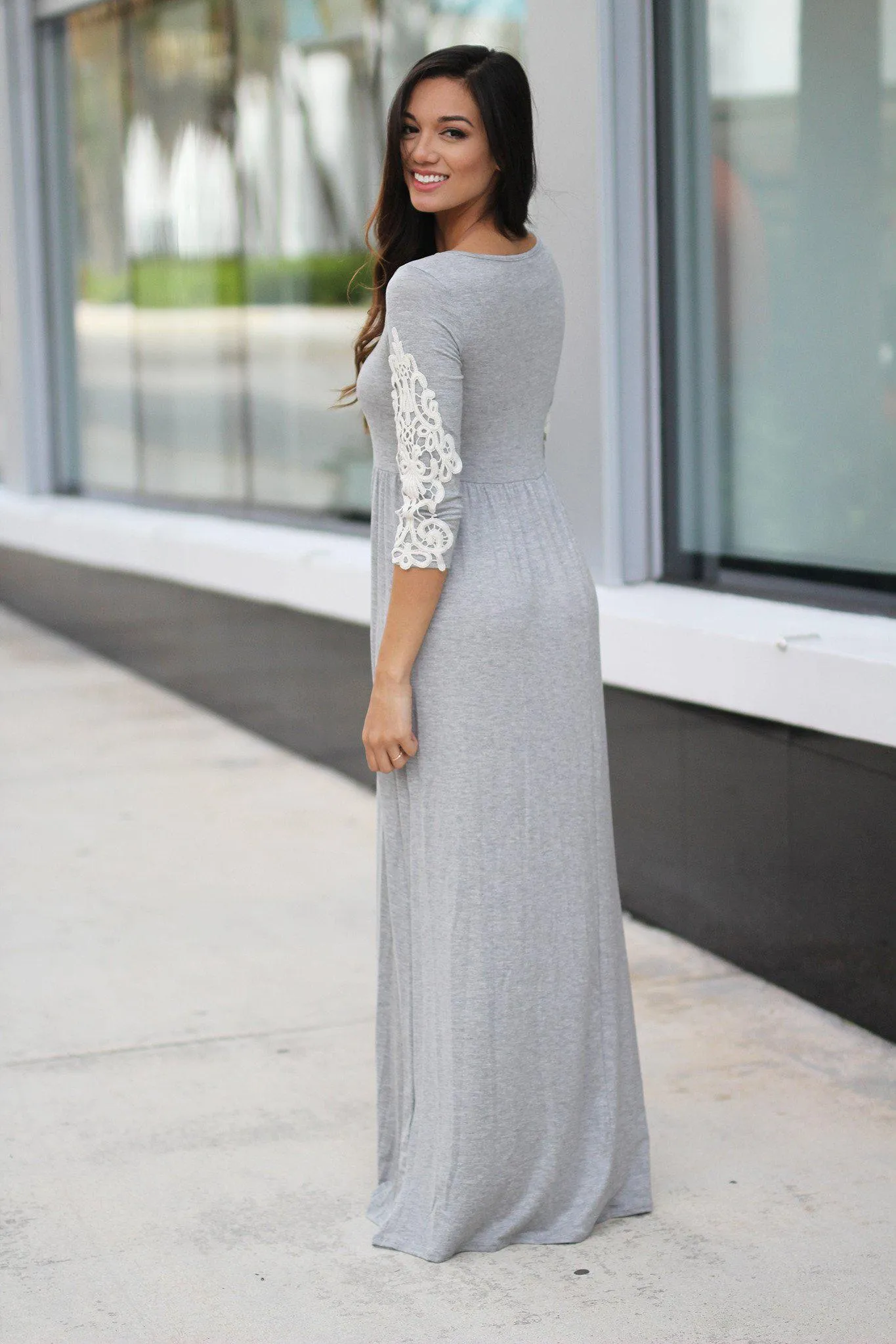 Heather Gray Maxi Dress with Crochet Sleeves