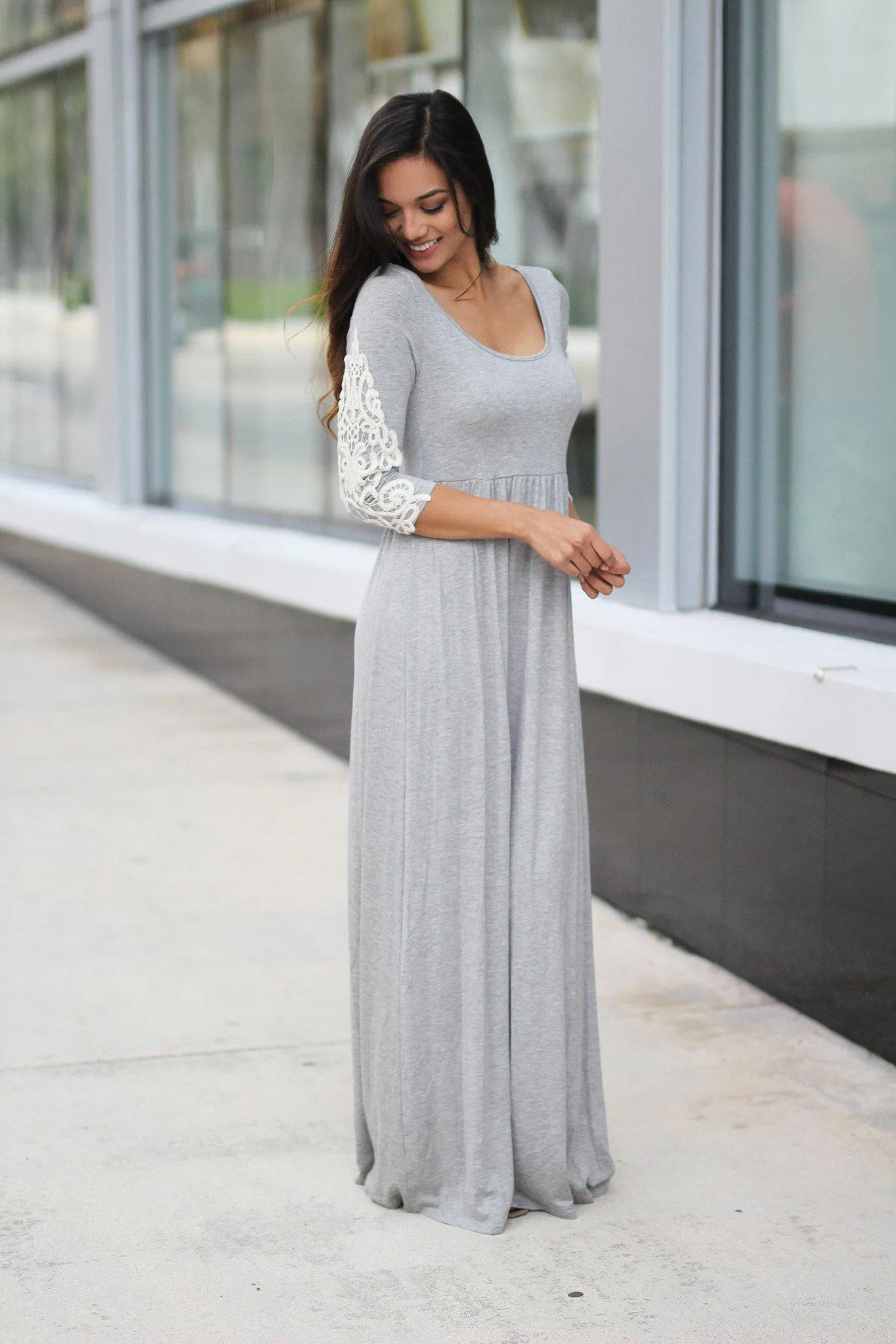 Heather Gray Maxi Dress with Crochet Sleeves