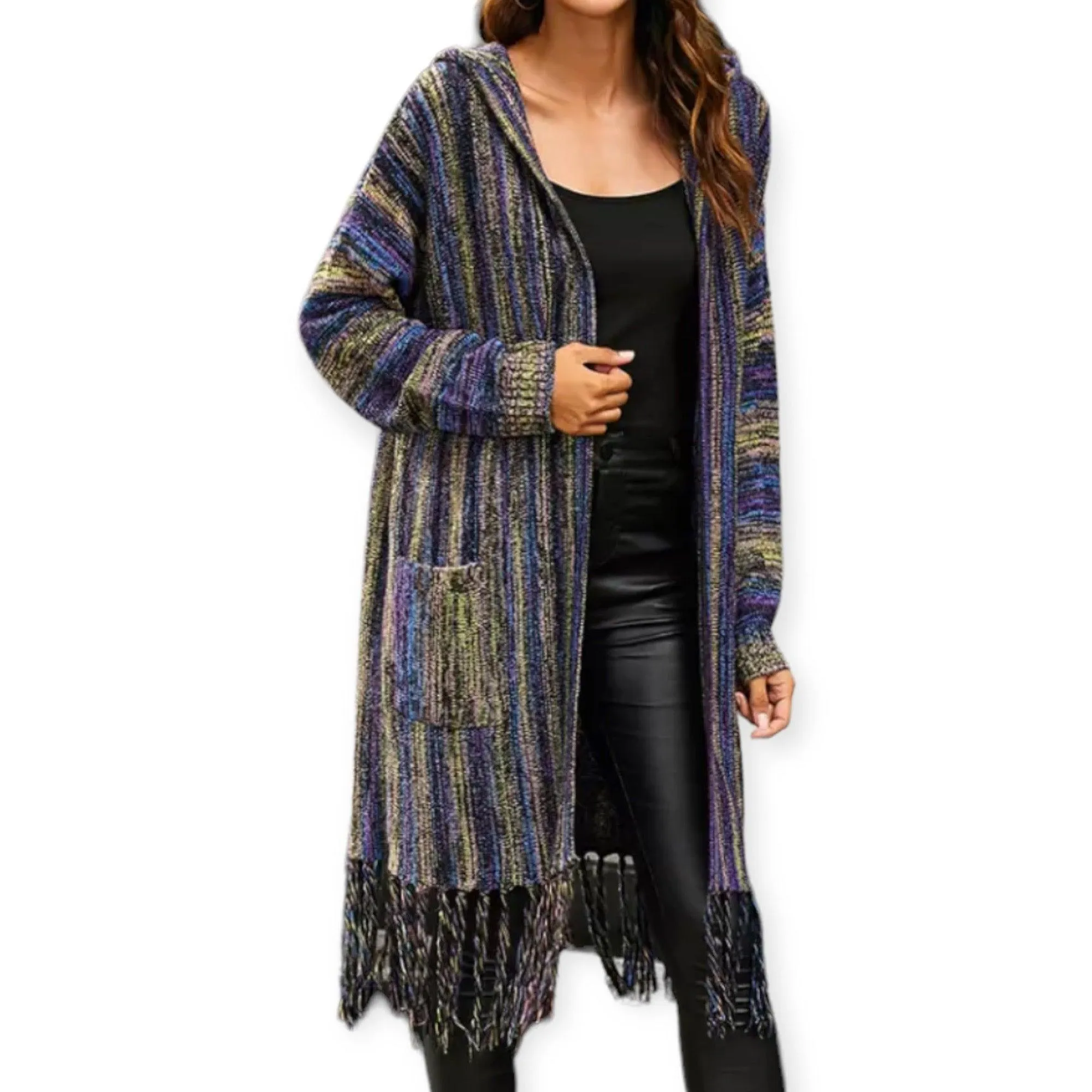 Hooded Long Open Front Fringe Sweater Jacket