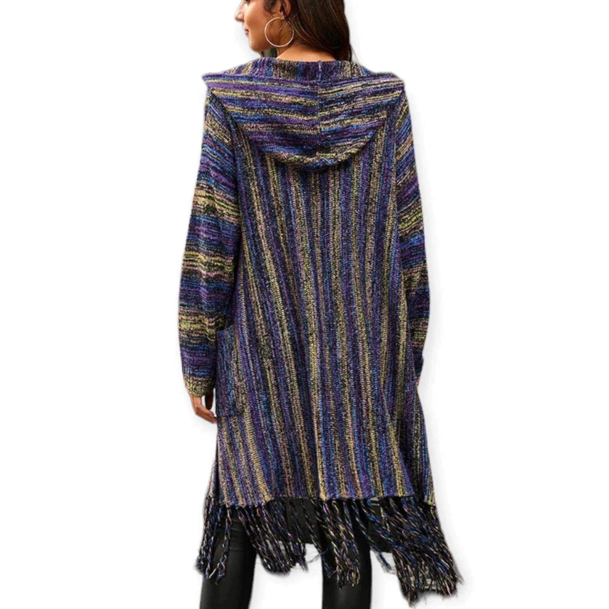 Hooded Long Open Front Fringe Sweater Jacket