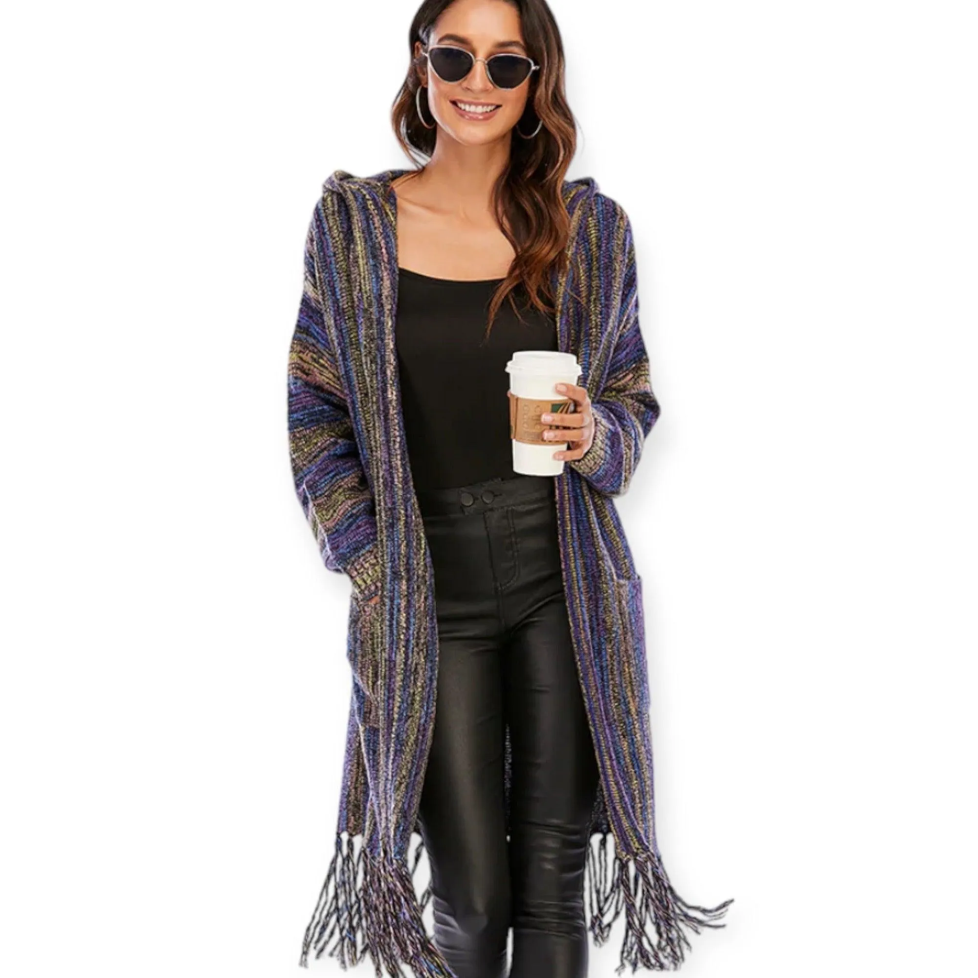 Hooded Long Open Front Fringe Sweater Jacket