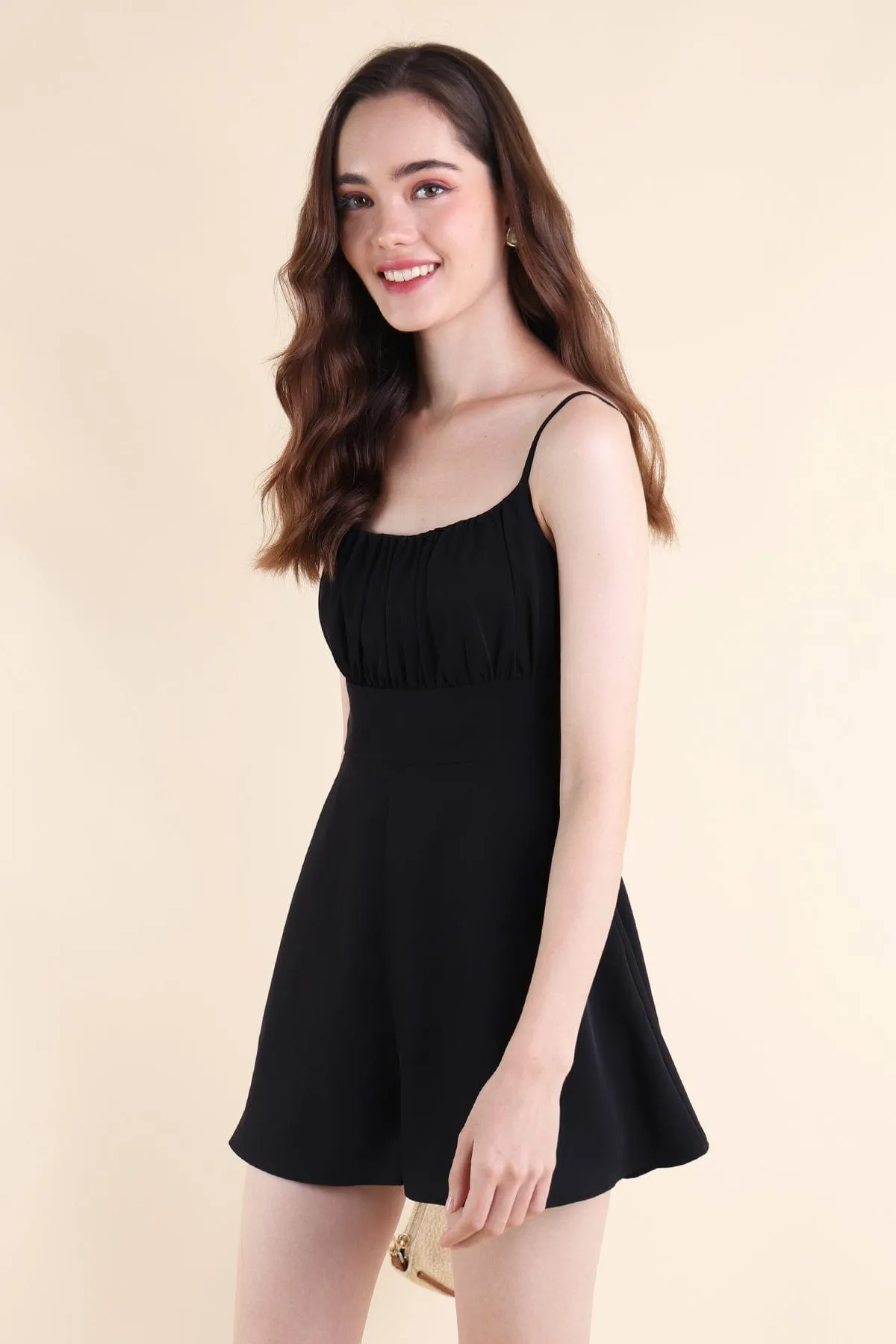 JORDYN RUCHED ROMPER IN BLACK