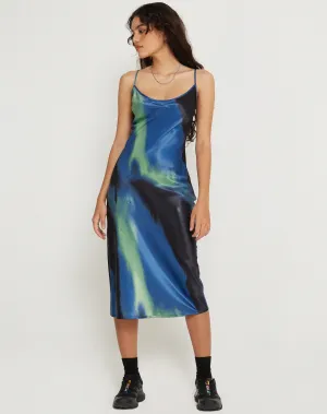 Juvina Midi Dress in Satin Watercolour Navy