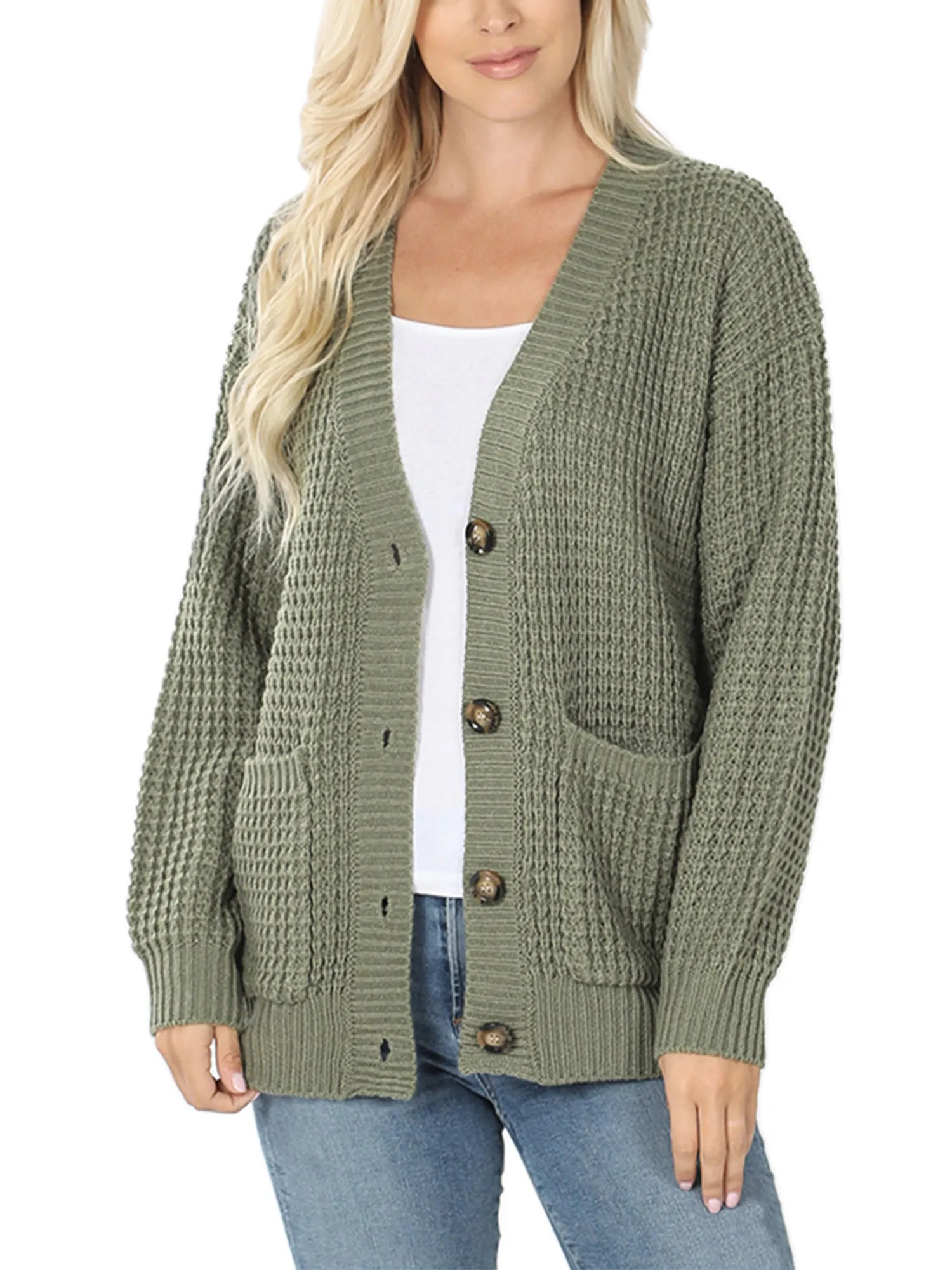 KOGMO Women's Waffle Knit Sweater Cardigans with Buttons and Pockets