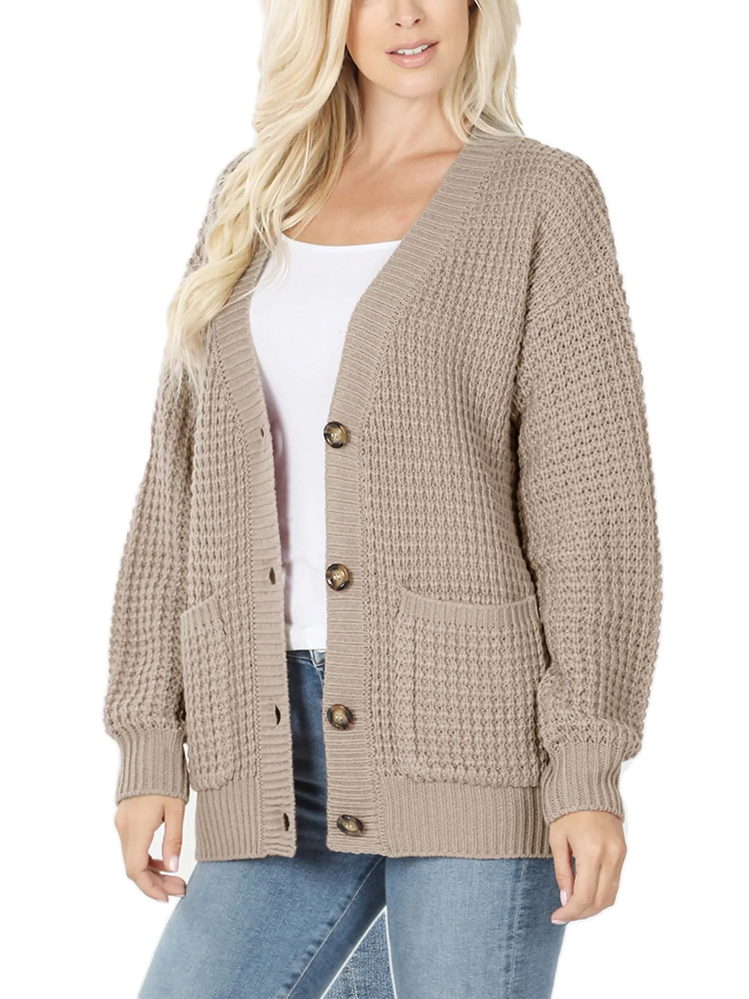 KOGMO Women's Waffle Knit Sweater Cardigans with Buttons and Pockets