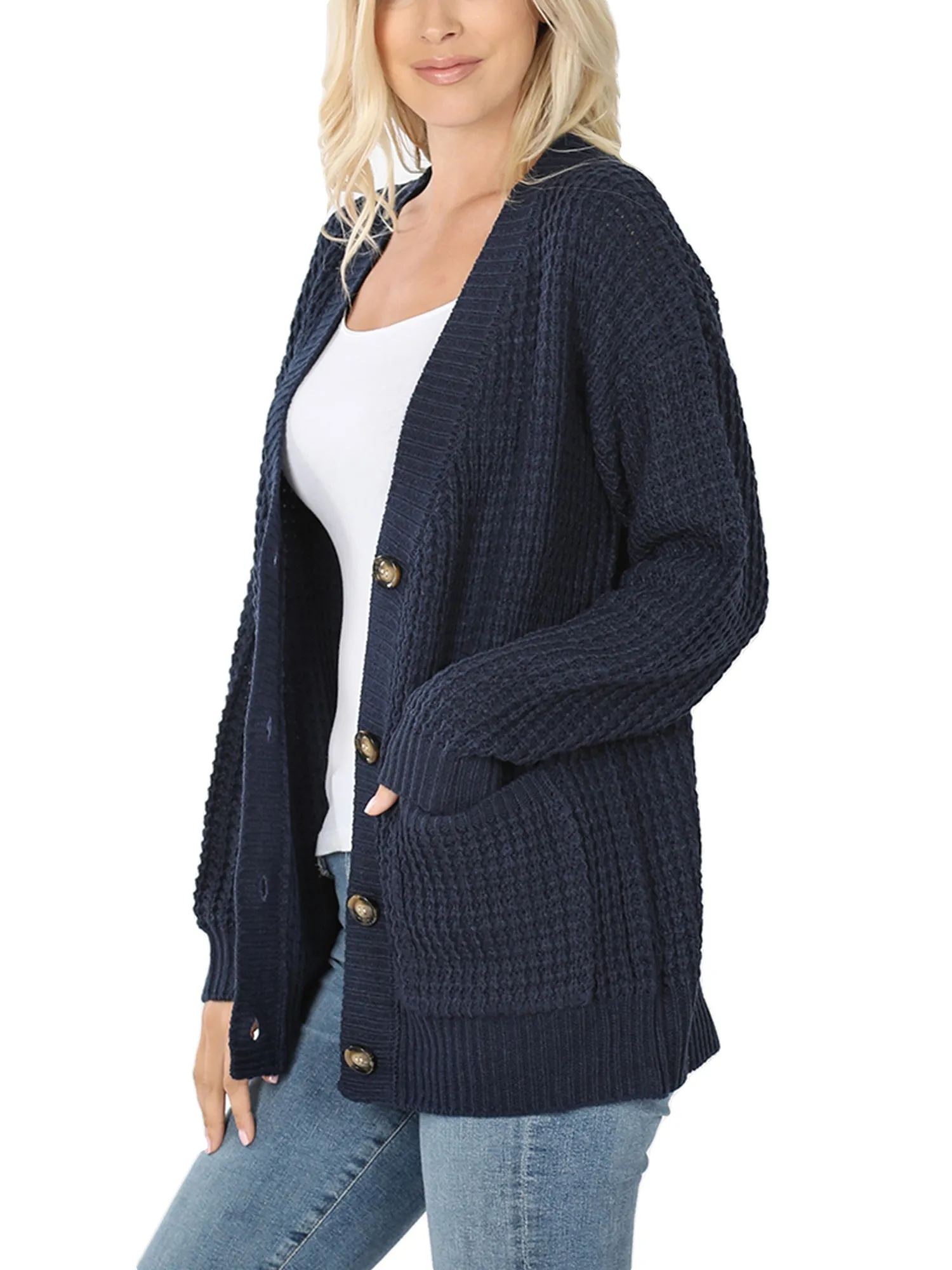 KOGMO Women's Waffle Knit Sweater Cardigans with Buttons and Pockets