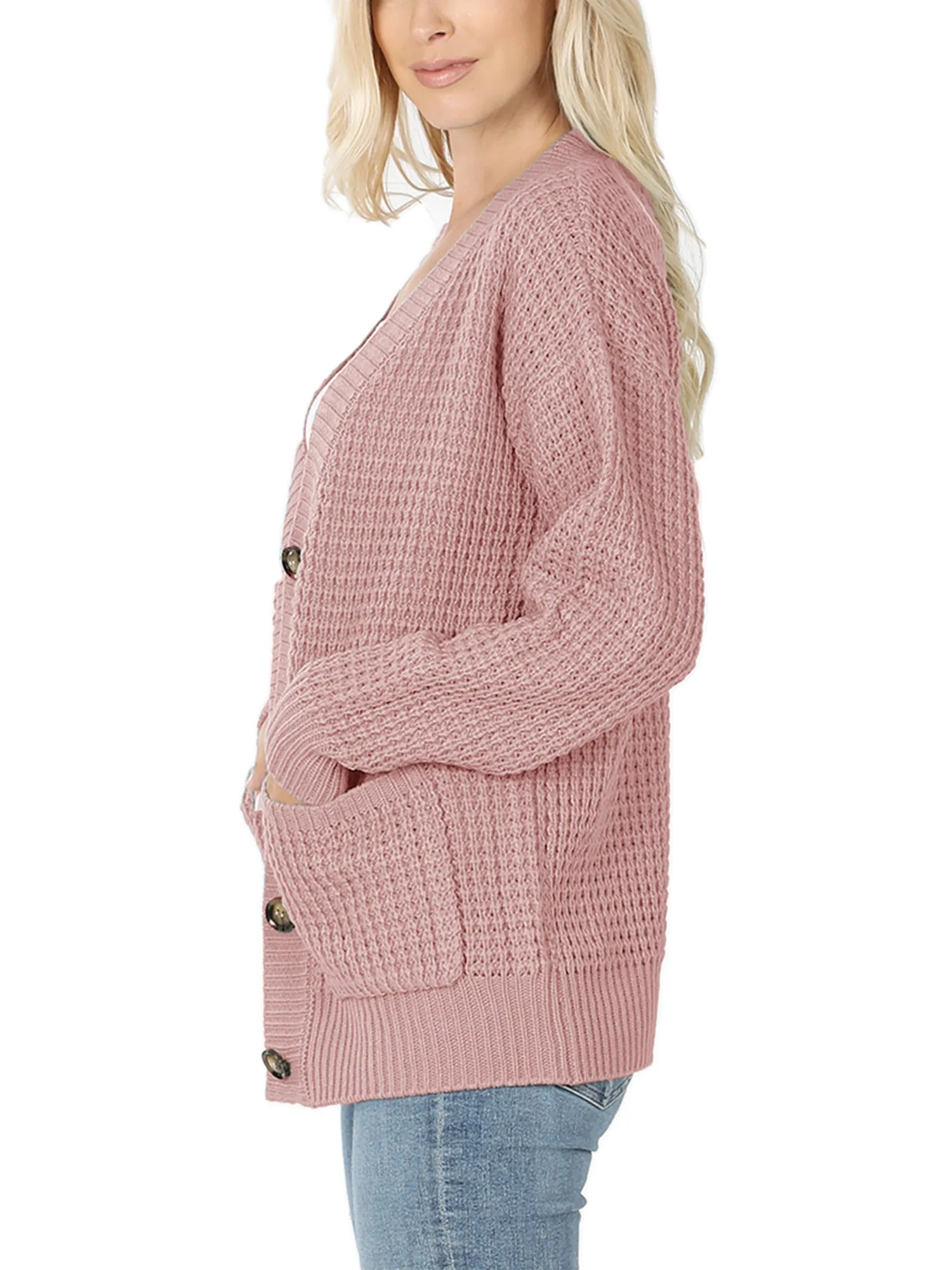 KOGMO Women's Waffle Knit Sweater Cardigans with Buttons and Pockets