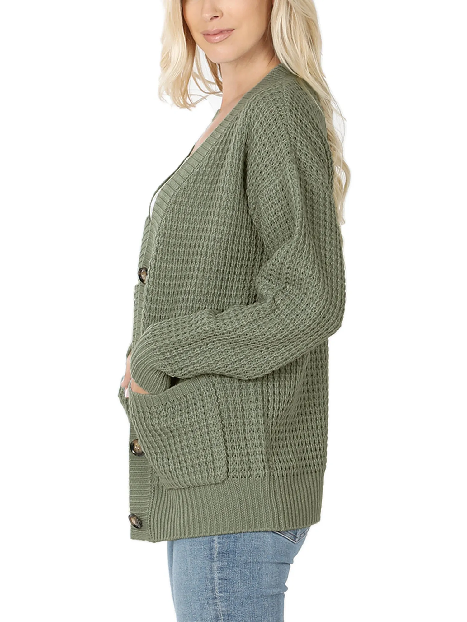 KOGMO Women's Waffle Knit Sweater Cardigans with Buttons and Pockets