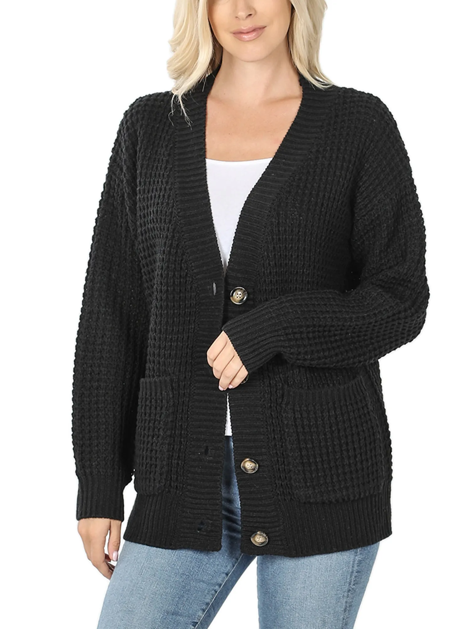 KOGMO Women's Waffle Knit Sweater Cardigans with Buttons and Pockets