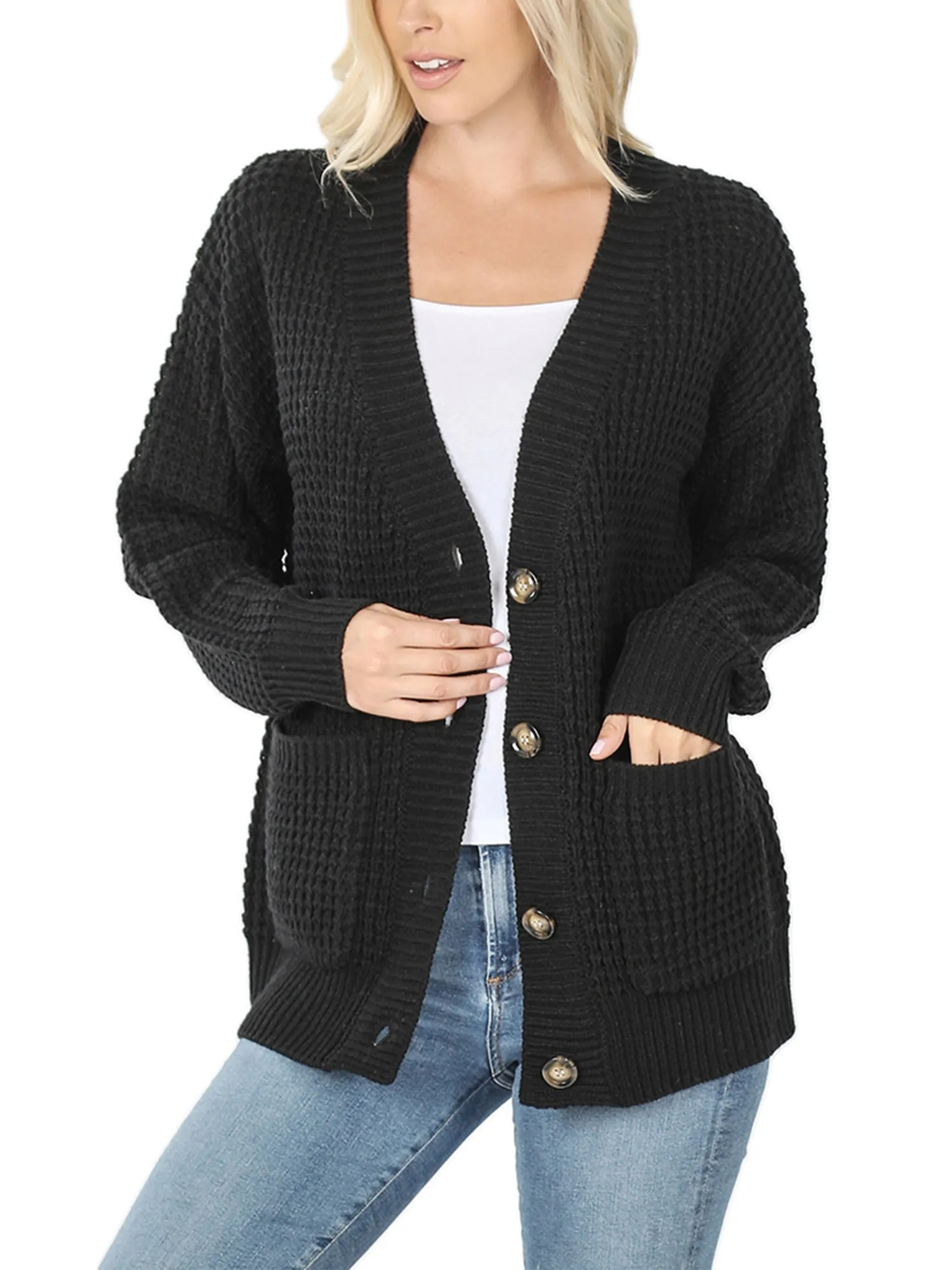 KOGMO Women's Waffle Knit Sweater Cardigans with Buttons and Pockets