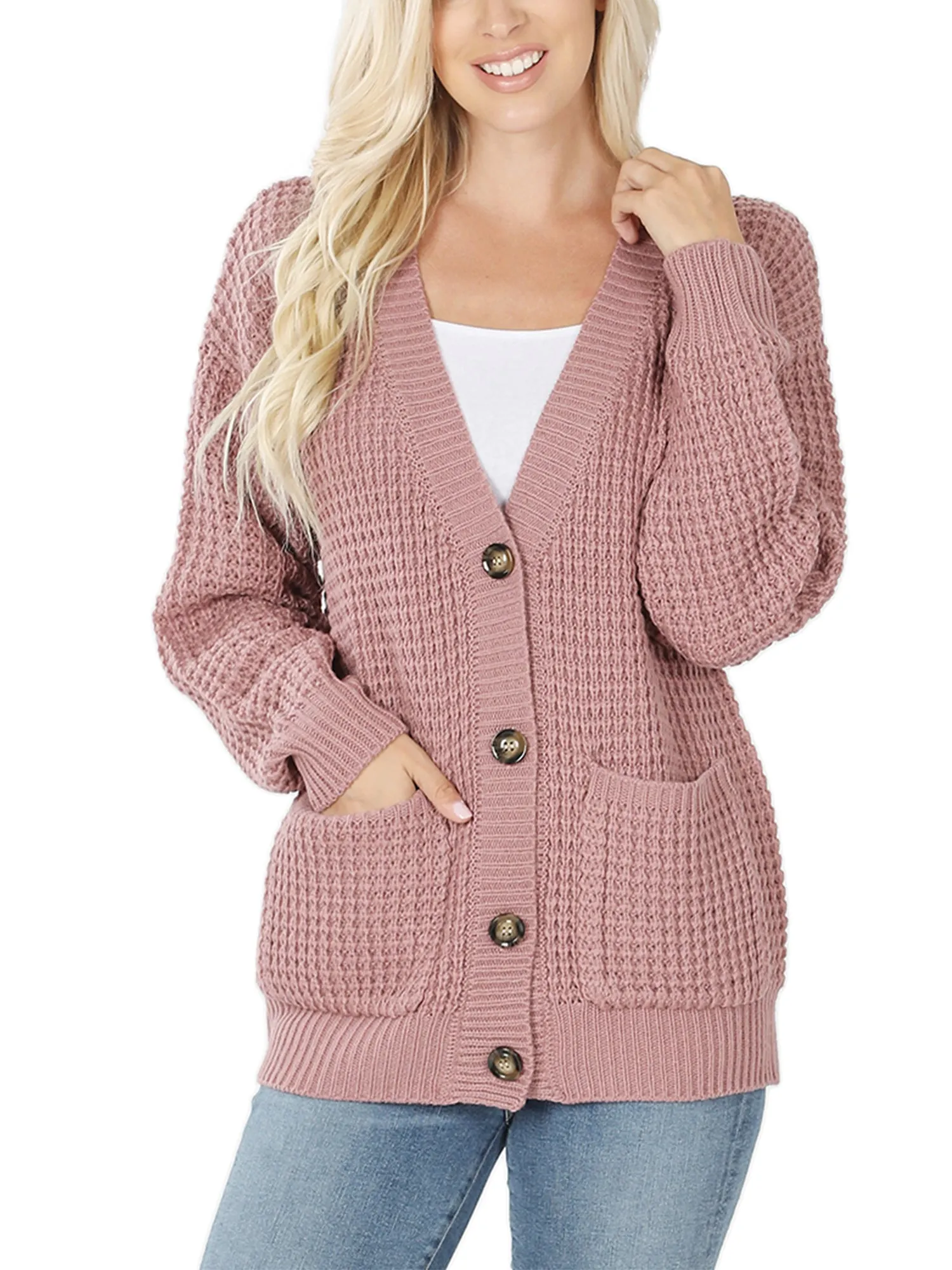 KOGMO Women's Waffle Knit Sweater Cardigans with Buttons and Pockets