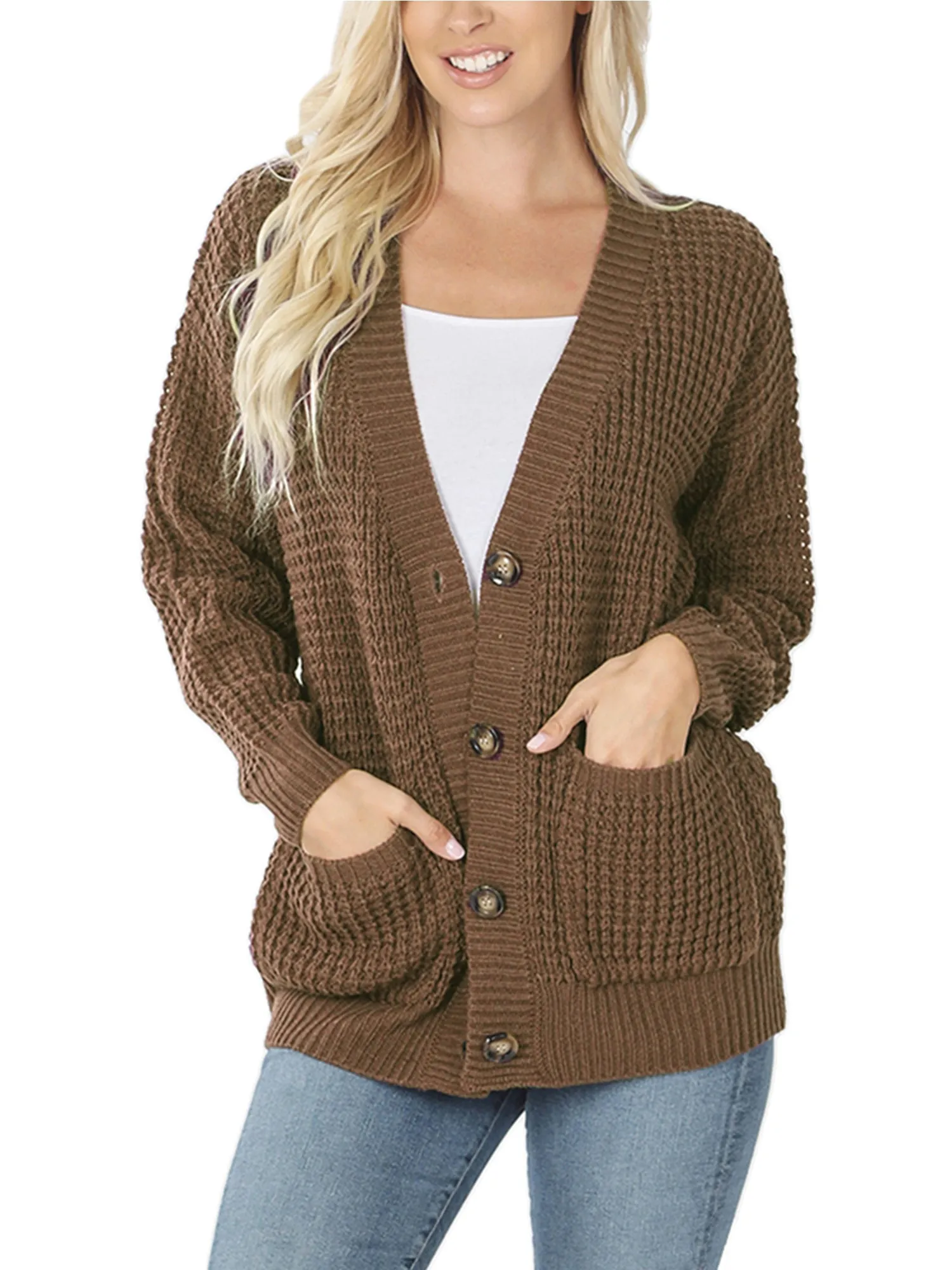 KOGMO Women's Waffle Knit Sweater Cardigans with Buttons and Pockets