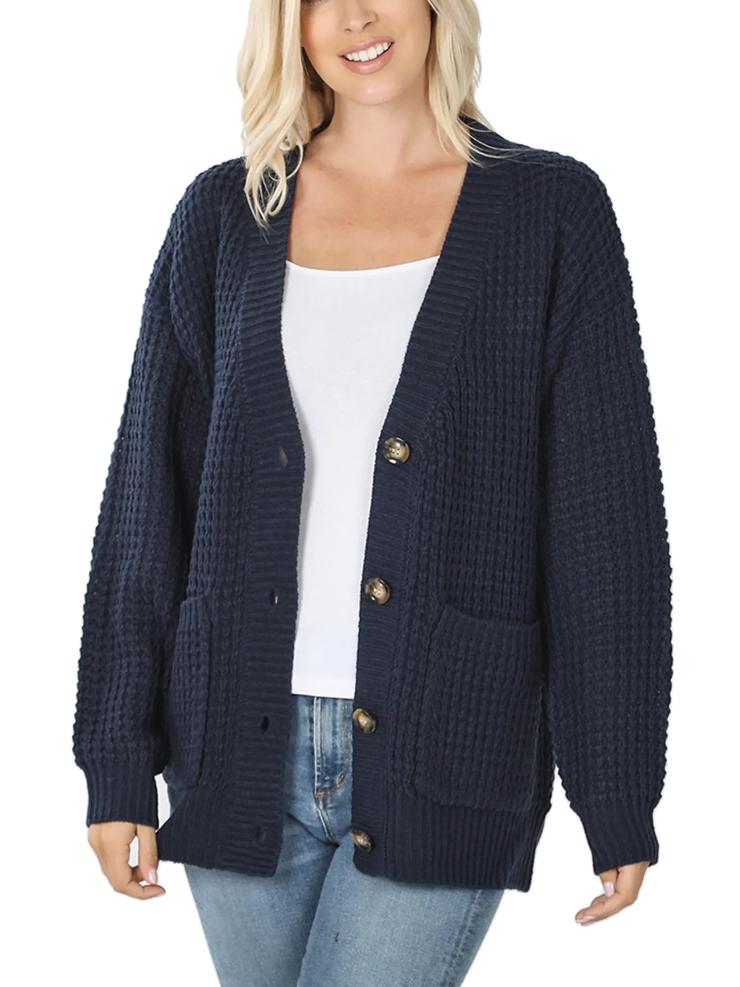 KOGMO Women's Waffle Knit Sweater Cardigans with Buttons and Pockets