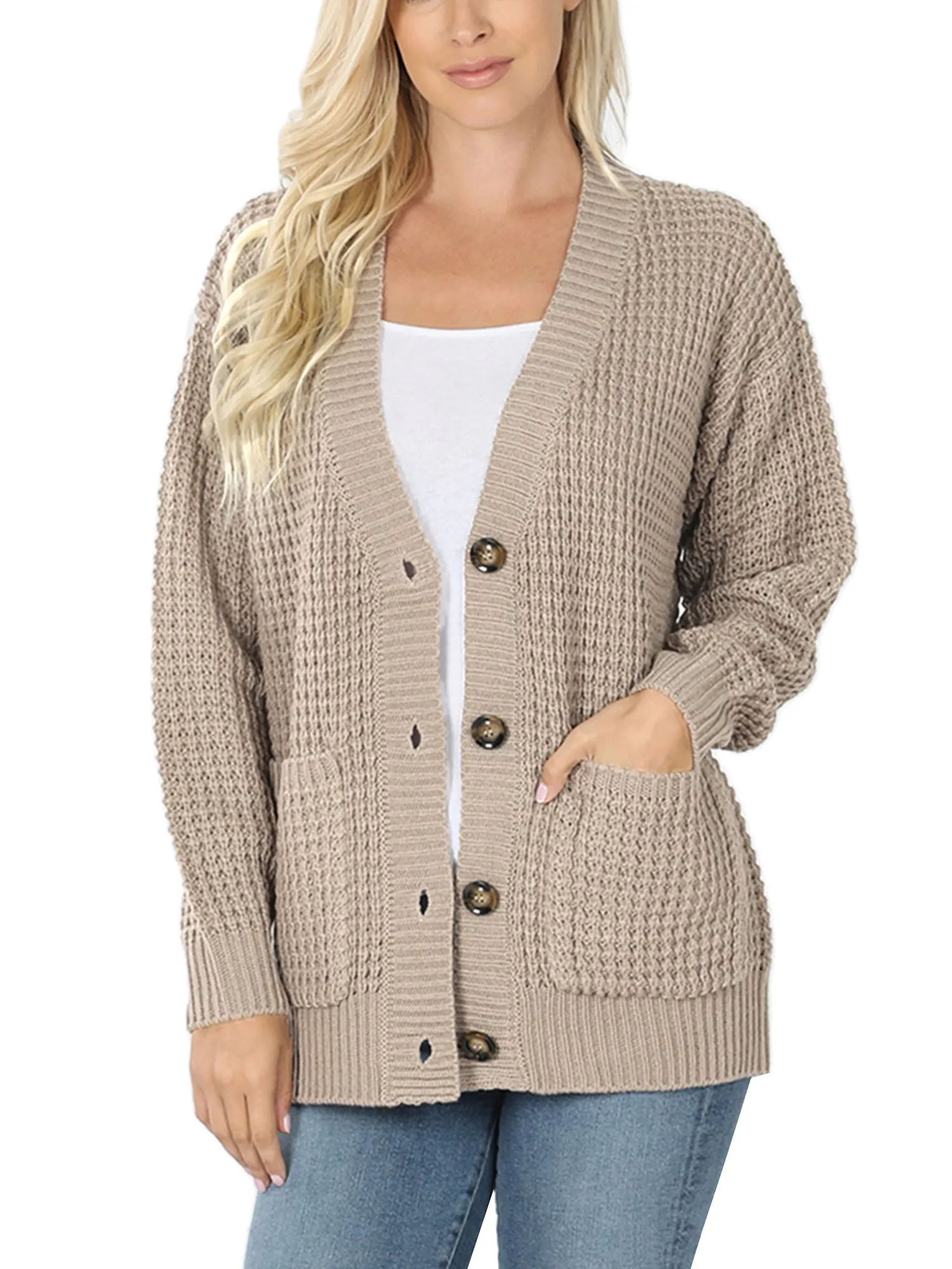 KOGMO Women's Waffle Knit Sweater Cardigans with Buttons and Pockets