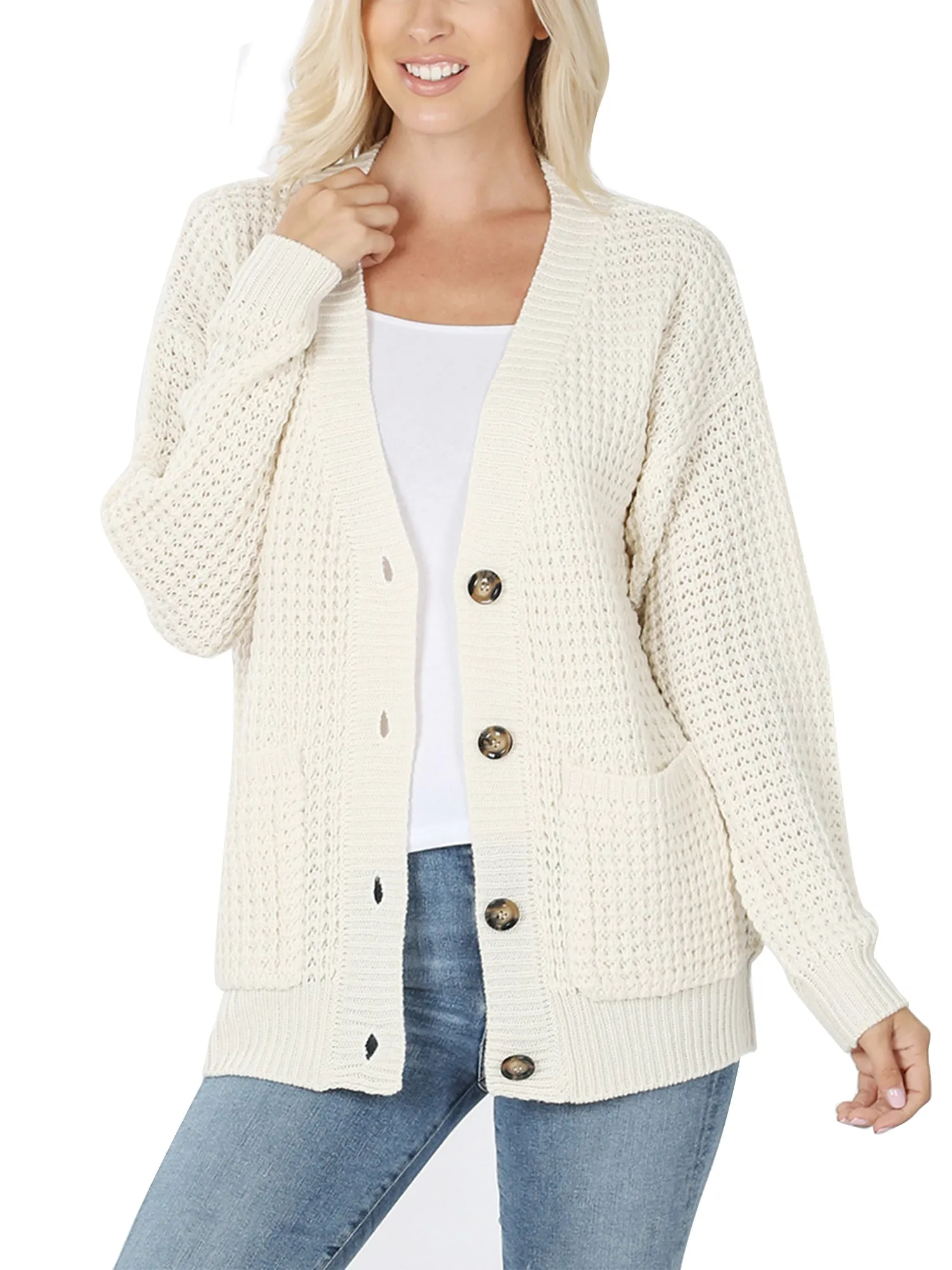 KOGMO Women's Waffle Knit Sweater Cardigans with Buttons and Pockets