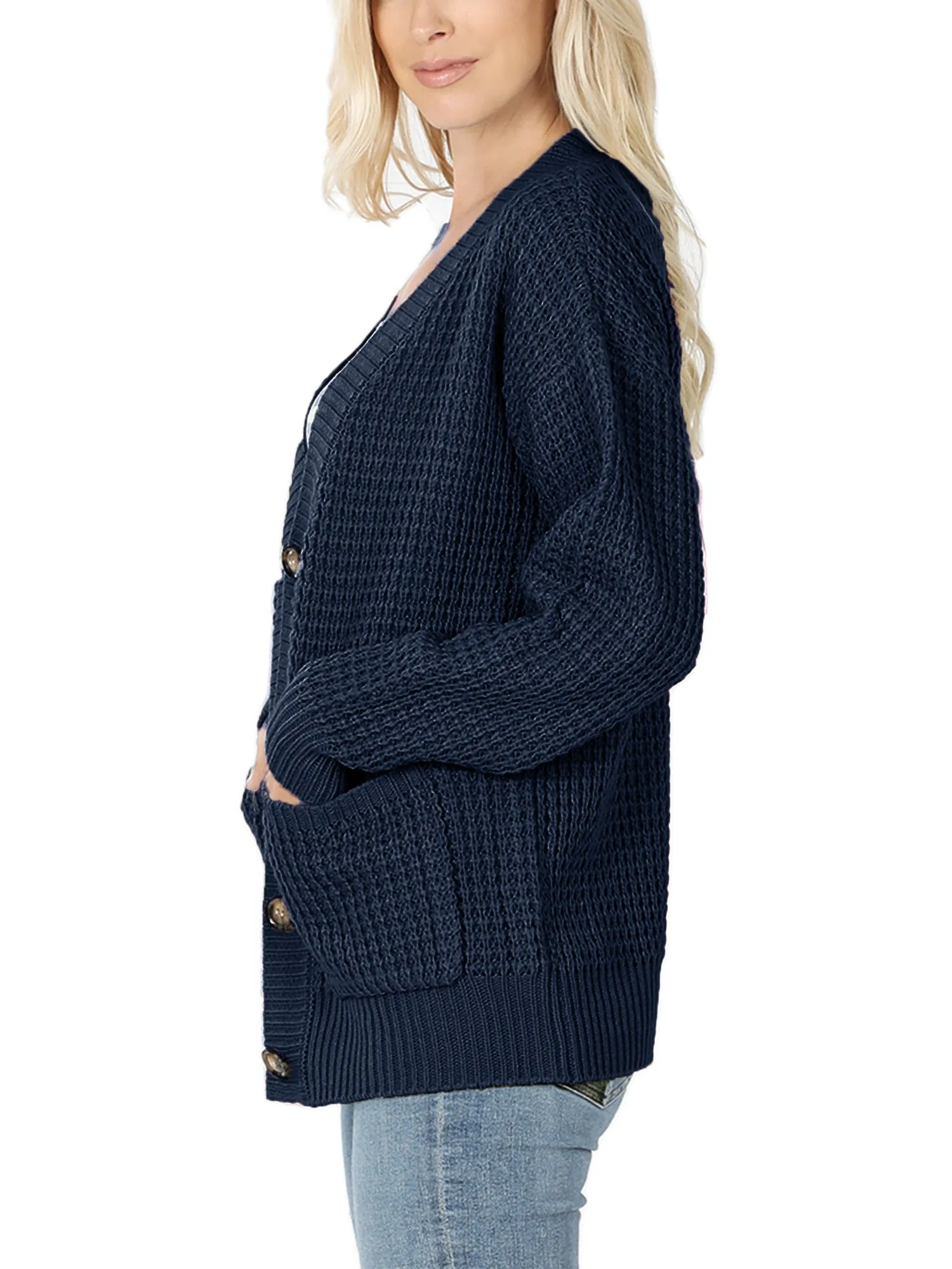 KOGMO Women's Waffle Knit Sweater Cardigans with Buttons and Pockets